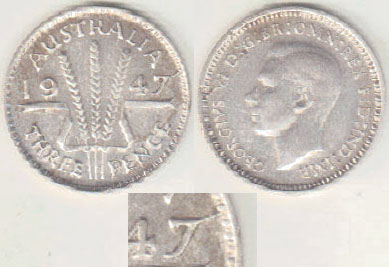 1947 Australia silver 3 Pence (die crack) A003786